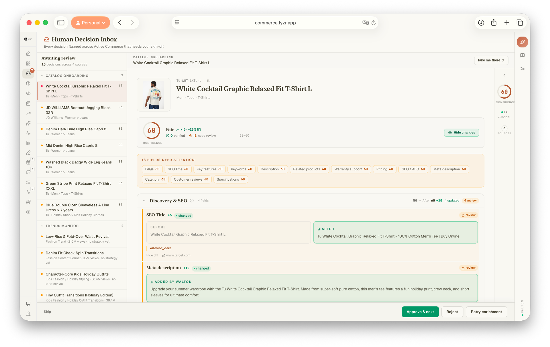 Human Decision Inbox — every decision flagged across Active Commerce that needs sign-off, with approve/reject/retry actions