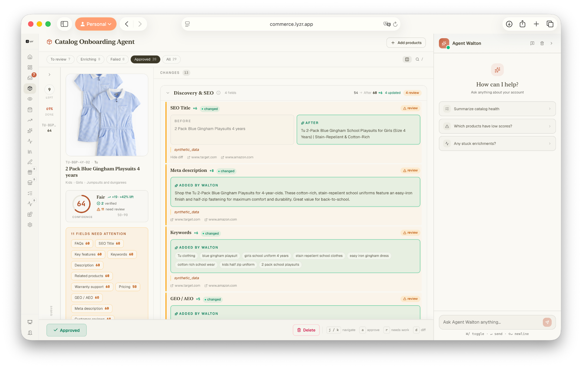 Catalogue Onboarding Agent — review queue with before/after diffs, confidence scoring, and Agent Walton co-pilot