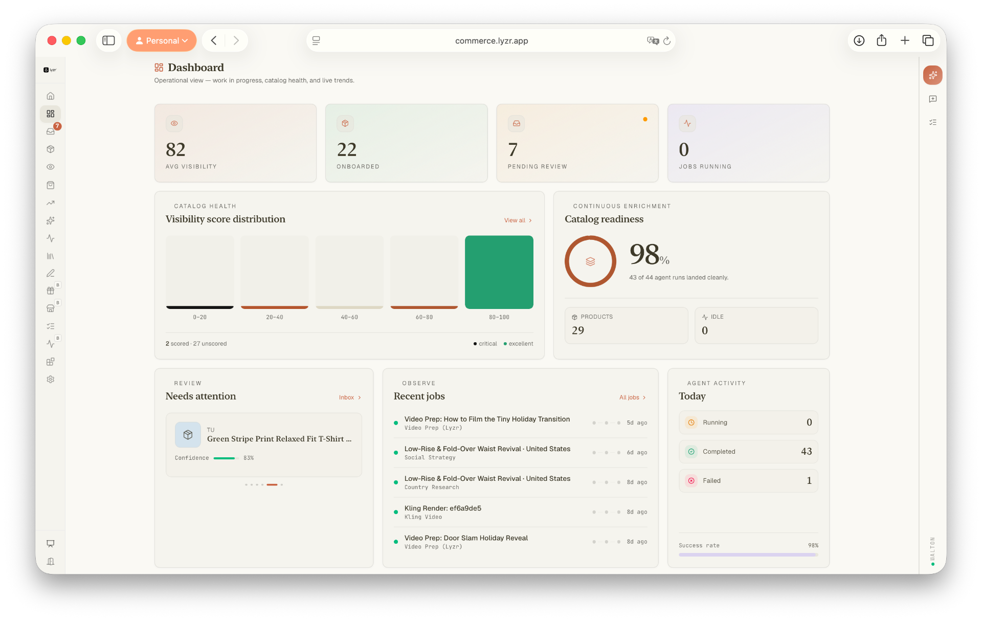 Commerce OS Workbench dashboard — visibility, onboarded products, pending review, jobs running, catalogue health, and recent agent activity